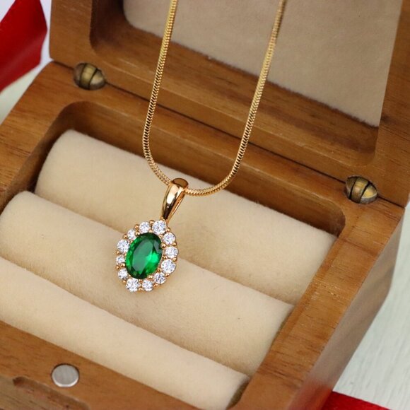 "Emerald Green Oval Pendant with Halo in Gold-Plated Brass Finish, XPPT1813 - Picture 4 of 13